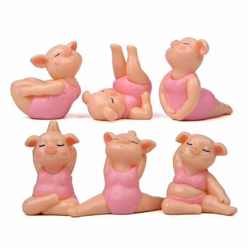 6pc Yoga Pig Lady Statue Mini Figurine Animal Model Car Ornament Moder Craft Cake Decor Miniature Home Decoration Accessories