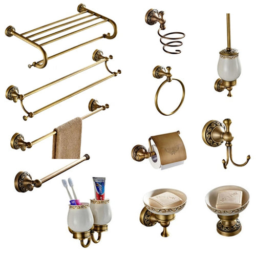 Antique Carved Double Cup Holder Brass Collection Towel Rack Bathroom Accessories Creative Paper Holder Bathroom Hardware Set
